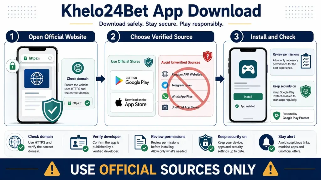 Khelo24Bet app installation safety illustration showing secure and unverified download methods