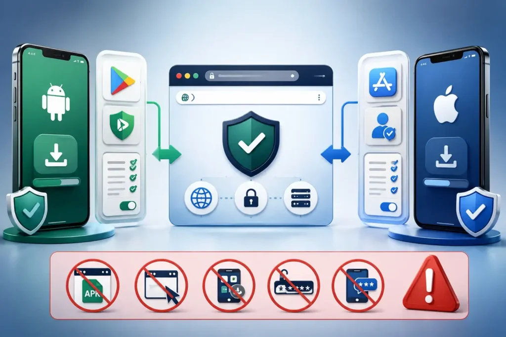 Khelo24Bet app security illustration showing device verification and protection from unsafe downloads